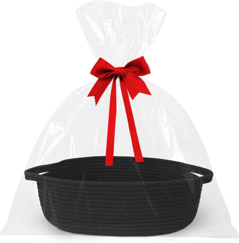WILLITAT Small Baskets for Gifts Empty, 13"x 9"x 5" Woven Gift Basket with Bag and Ribbon, Cotton Rope Kids Dog Cat Toy Bin Box, Cute Baby Nursery Organizer, Decorative Storage with Handles (Black) - Image 1